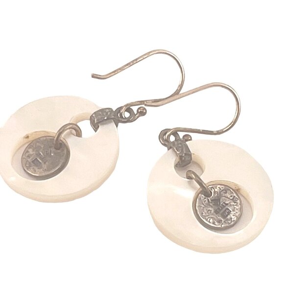 Vintage Mother Of Pearl & Metal Dangle Earrings Israel Made - Picture 5 of 10